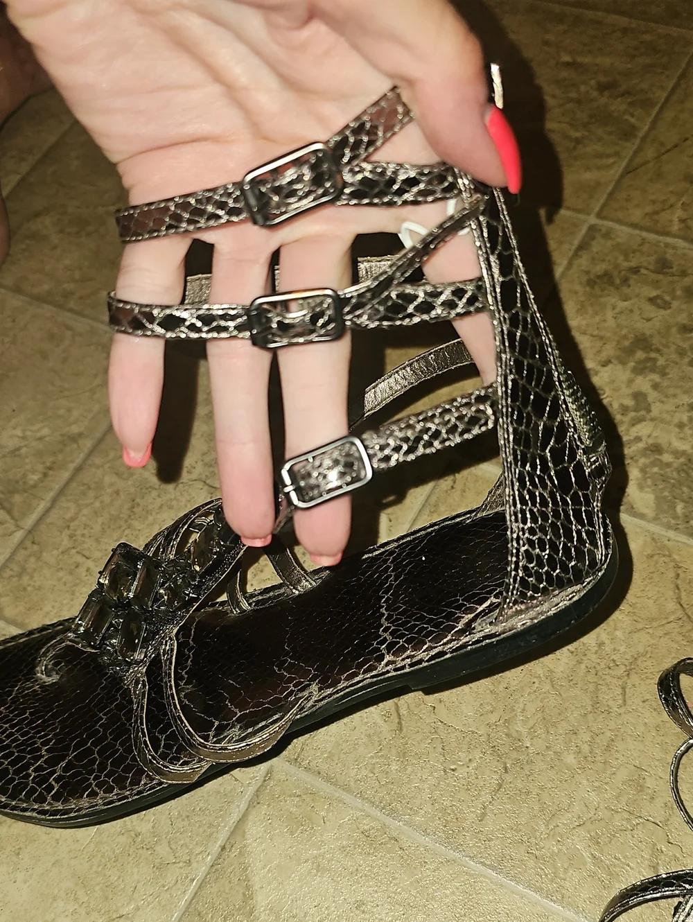 Metallic Embellished Women’s Sandals - Charcoal- Bronze